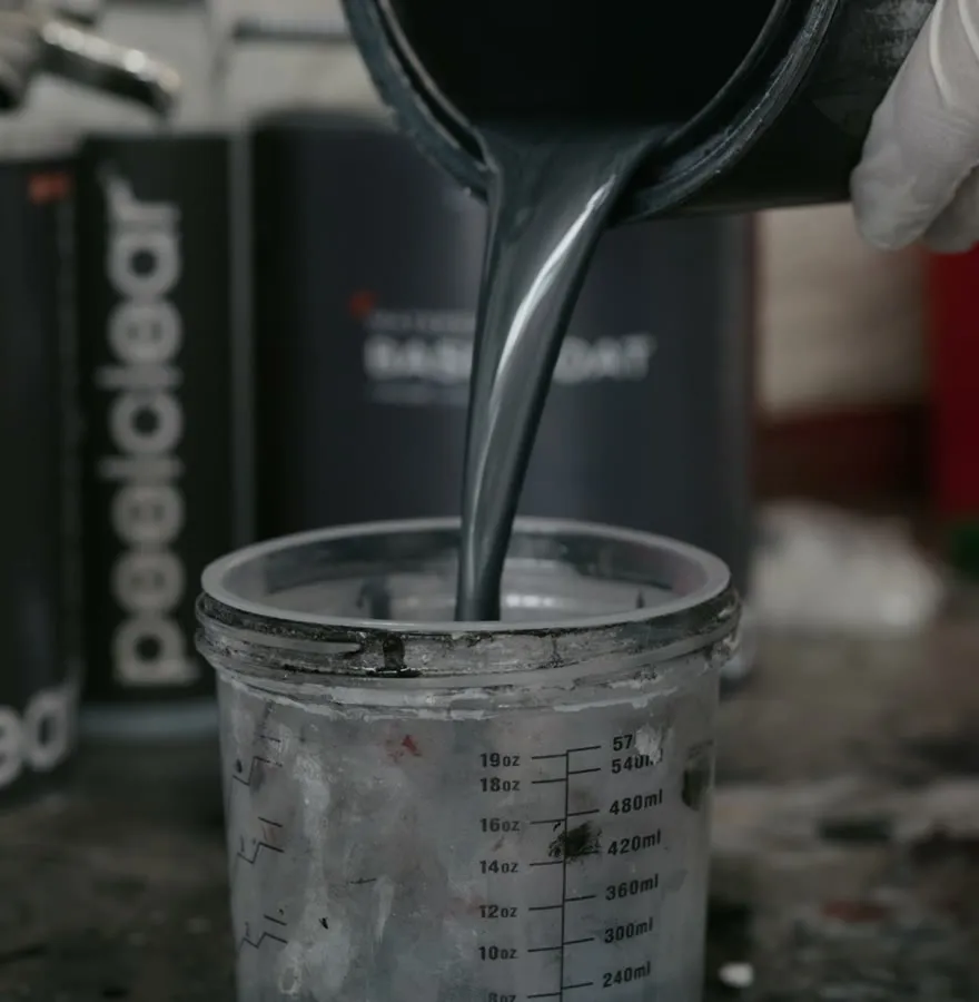 Peel Clear base coat being mixed in the Royal Armor booth